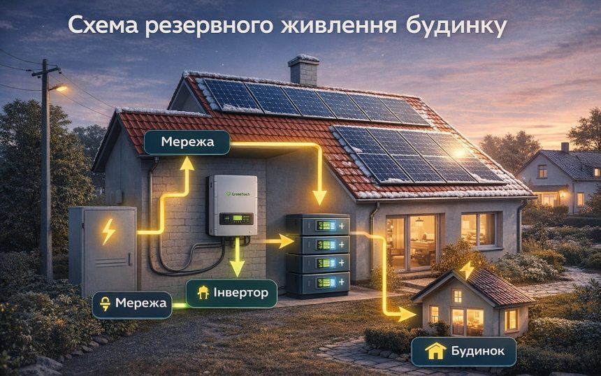 система резервного живлення будинку з акумуляторами та інвертором